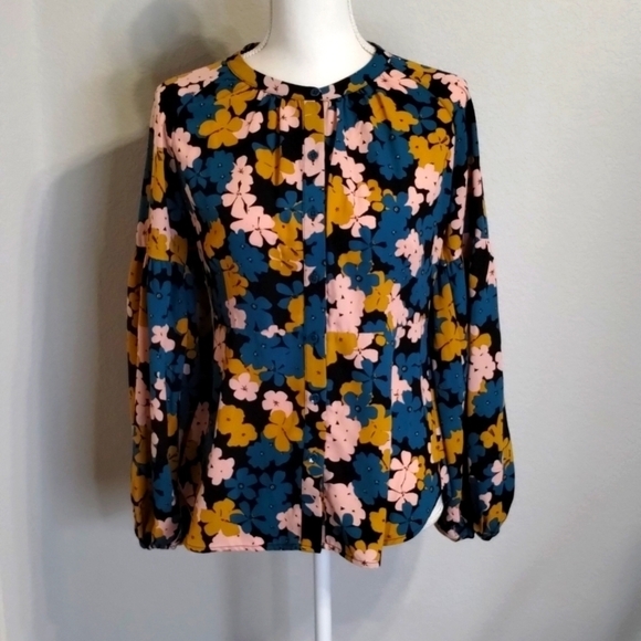Cabi Blouse 4158 Size XS Button Up Floral Long Sleeve Blue Pink Yellow Black - Picture 1 of 10